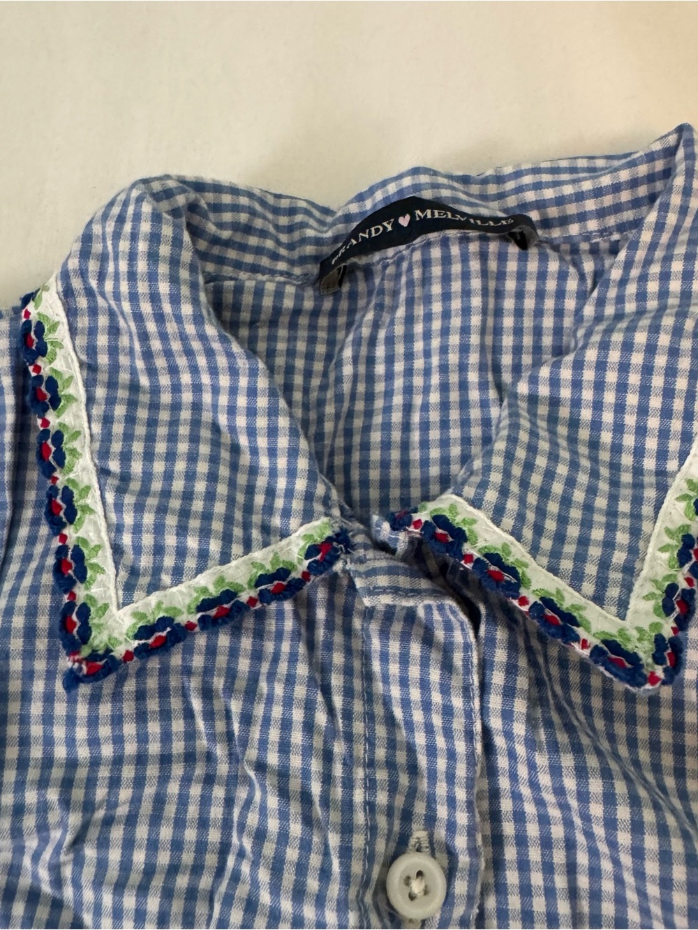Blue Gingham Button-Up Blouse with Decorative Collar - Picture 2 of 3
